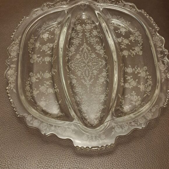 Vintage Tiffin Glass Cherokee Rose Double Handle 3 Section Divided Serving Tray - Picture 5 of 9